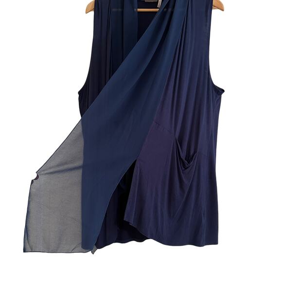 LOGO by Lori Goldstein Open Front Vest Topper Chiffon Trim Large Blue Layering - Picture 3 of 6